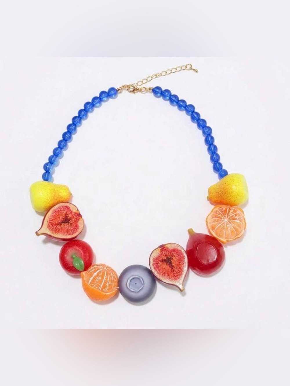 Bright Blue Beaded Necklace with Colorful Fruit Charms